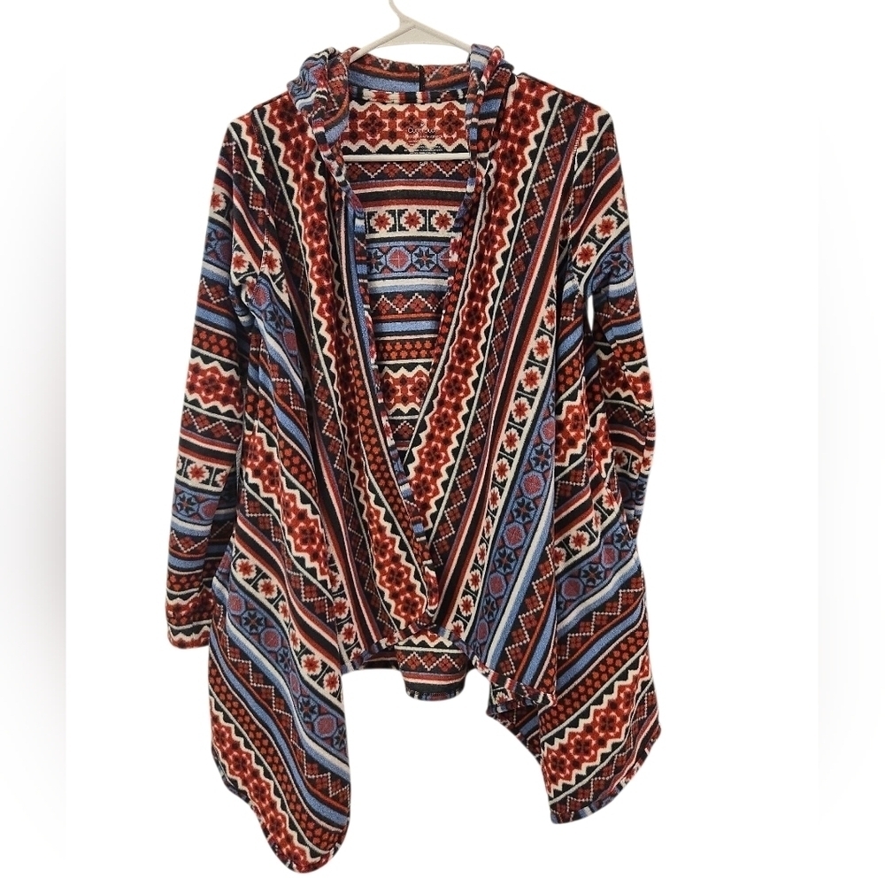 CUDDL DUDS AZTEC FLEECE HOODED WATERFALL OPEN CARDIGAN. SIZE SMALL/ MEDIUM.